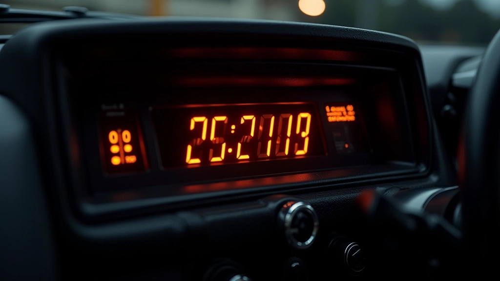 Digitālie displejiem astoņdesmito gadu automobiļa vadības panelī, oranžie skaitļi uz melna LCD ekrāna, Chrome pogas apkārt