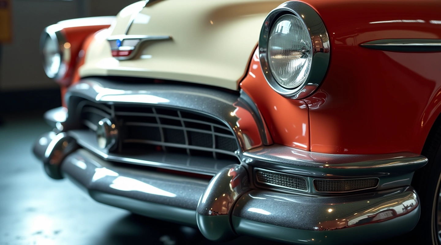 Klasiskā automobiļa dizaina detaļa ar hromētiem aksesuāriem un ikoniskajiem farojiem