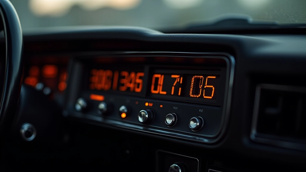 Dekoratīvs astoņdesmito gadu automobiļa interjera detaļas, tuvplāns uz pogu klāja un digitālajiem displejiem ar oranžiem skaitļiem