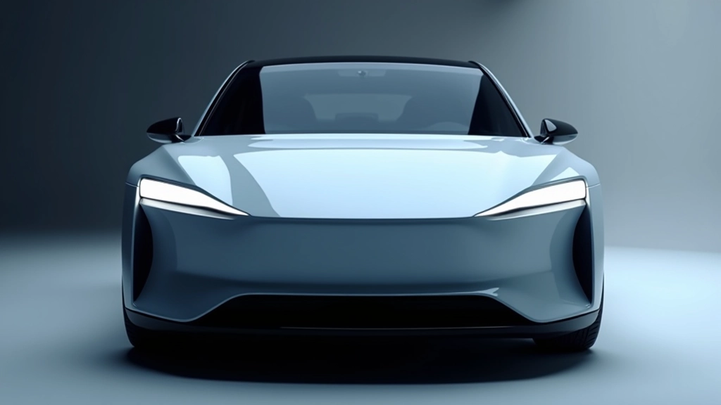 Mūsdienu elektriskā automobiļa priekšskats ar aerodinamisku formu un LED gaismas